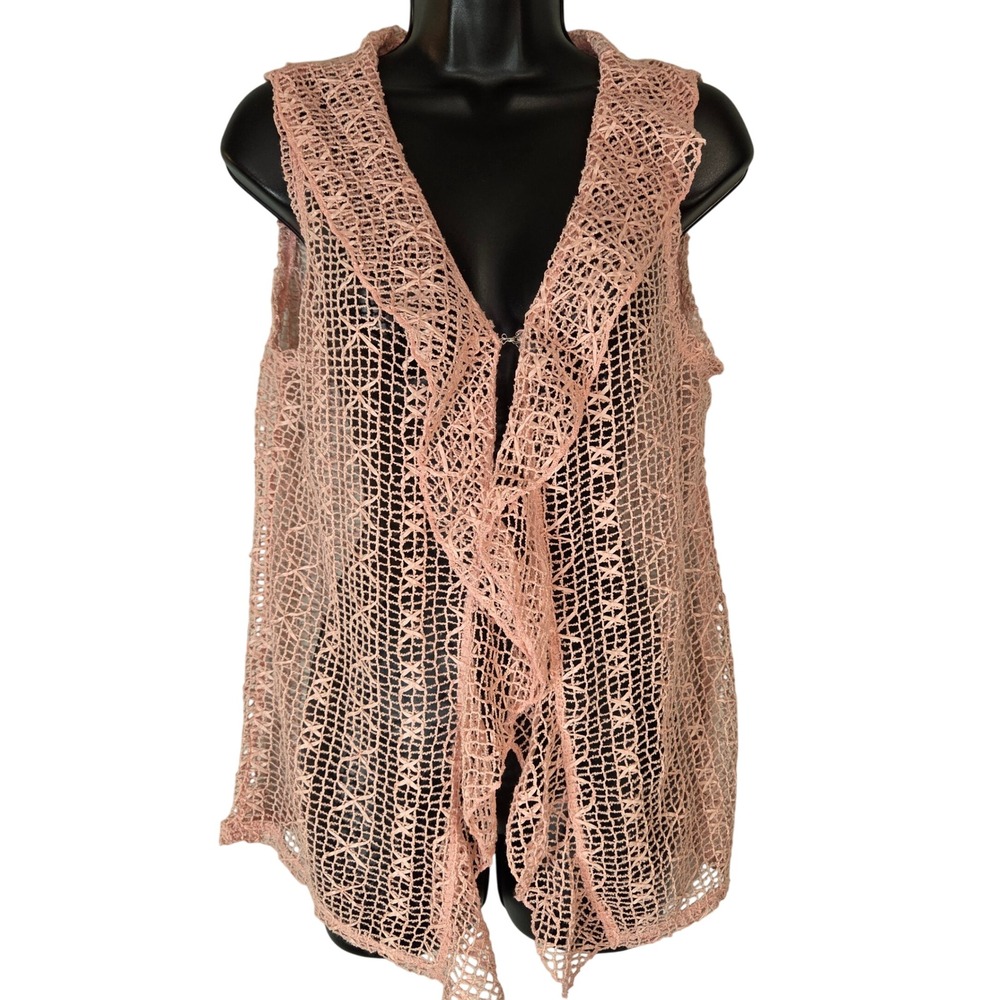 Frazzle Crochet Vest Open Front Sleeveless Ribbon Detail Pink Vest‎ Size S